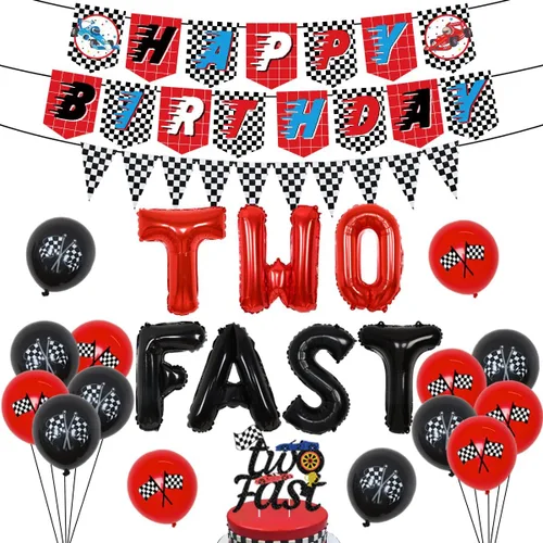 Sursurprise Suministros para fiesta de 2º cumpleaños de coche de carreras, dos globos rápidos, decoración de pastel, pancarta de feliz cumpleaños