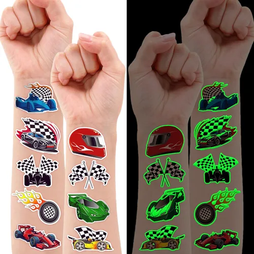 96 calcomanías precortadas de tatuajes temporales que brillan en la oscuridad, bandera de carreras a cuadros, decoraciones de fiesta de cumpleaños,
