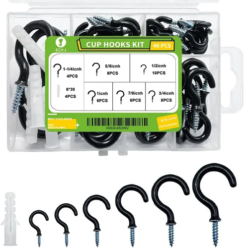 Kit Surtido de Ganchos Pequeños Negros Atornillables con Tacos, 1/2", 5/8", 3/4", 7/8", 1", 1-1/4" Ganchos de Copa con Recubrimiento de Vinilo para
