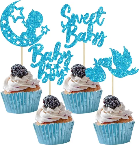 Miniatura 15 de 24 piezas de decoración para cupcakes de baby shower Oh Baby con moño, botella para niño, azul profundo, purpurina para pasteles, decoraciones