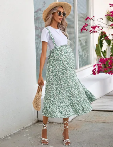 Miniatura 4 de KOJOOIN Falda larga de maternidad para mujer, cintura alta, estilo bohemio, de verano, casual, con volantes, falda larga para embarazo