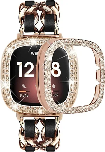 Miniatura 14 de Correa de reloj brillante compatible con Fitbit Versa 4/Fitbit Sense 2 para mujer, correa ajustable de aleación de cristal con diamantes
