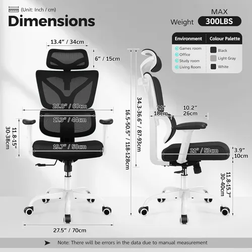 Miniatura 2 de Silla de oficina ergonómica con respaldo alto y soporte lumbar, silla de computadora de malla transpirable con reposabrazos ajustables, silla Blanco