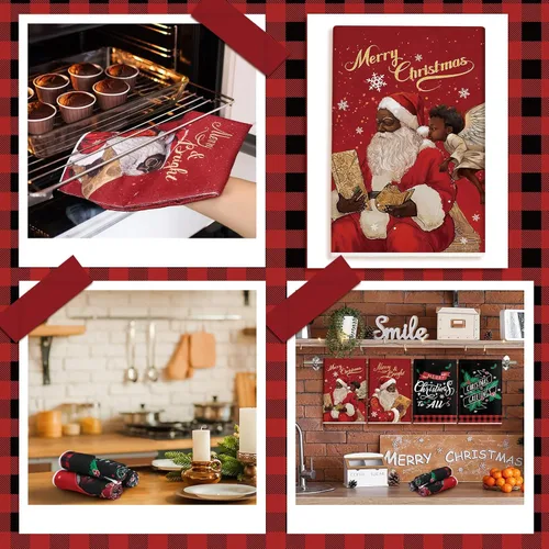 Miniatura 6 de Hosuly 6 Piezas Toallas de Cocina Navideñas Afroamericanas Paños de Platos de Santa Negro Toallas de Mano Navideñas Negras y Rojas Santa Ángel Acebo