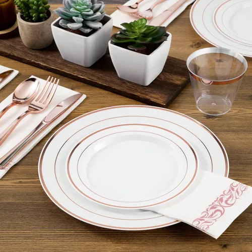 Miniatura 6 de FOCUSLINE Juego de vajilla de 175 piezas de oro rosa para 25 invitados - Platos de plástico desechables de oro rosa con borde blanco resistentes