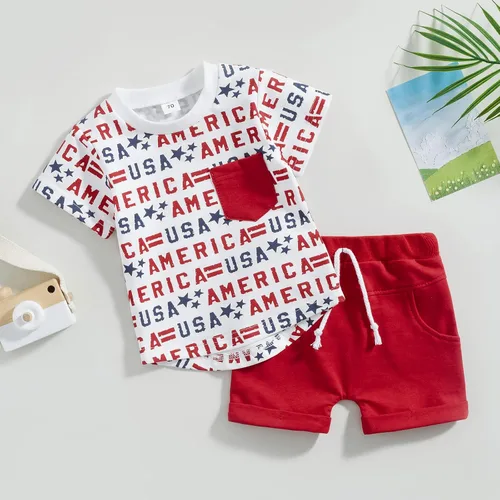 Miniatura 4 de Ynibbim Conjunto de ropa de verano para niños pequeños del 4 de julio, camiseta con estampado de letras y pantalones cortos de algodón