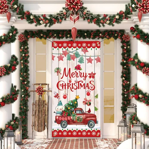 SENSEVEN Cartel de puerta de Feliz Navidad – Cubierta grande de árbol de pino de invierno, muñeco de nieve roja, telón de fondo de bienvenida para