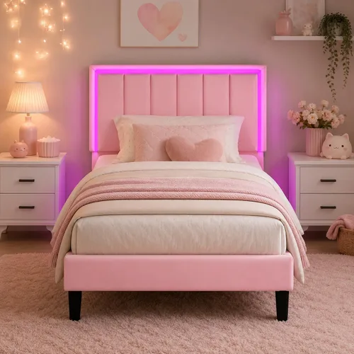 Miniatura 9 de IMMERSTABLE Marco de cama tamaño completo, marco de cama tapizado con luces LED, cama de plataforma con cabecero, soporte de listones de madera
