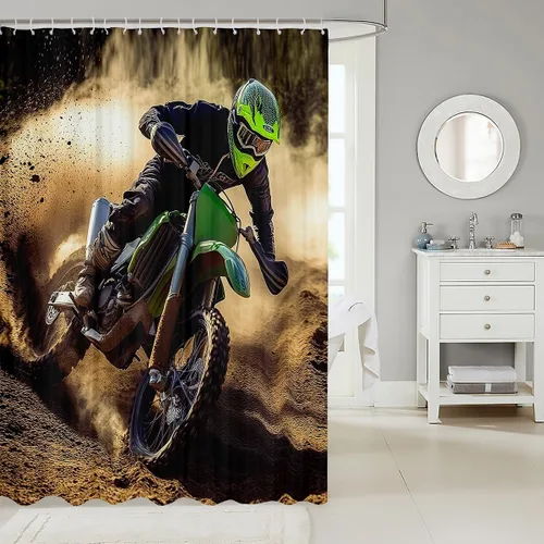 Miniatura 2 de Cortina de ducha verde para motocicletas, deportes extremos, juego de cortinas de ducha de tela impermeable para niños, motocross racer, para niños