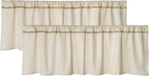 Miniatura 9 de Cenefa de lino de algodón para ventanas con ribete de encaje de arpillera rústica de 12 pulgadas, cenefa de cocina con bolsillo para barra, cortina
