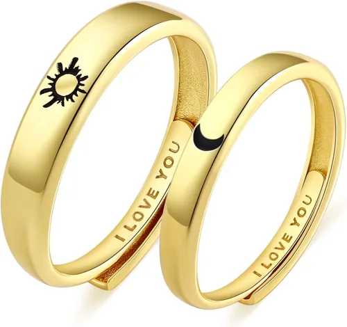 Beydodo Anillos de plata 925 personalizados ajustables con sol y luna a juego grabados I LOVE YOU Anillos para parejas Anillos de boda