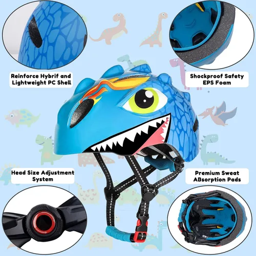 Miniatura 4 de Casco de bicicleta para niños y niñas de 3, 4, 5, 6 años, con dinosaurio 3D, ligero, certificado de seguridad, para niños pequeños, ciclismo, Azul