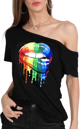 Miniatura 2 de MAGICMK - Camiseta casual para mujer, con estampado de labios y hombro descubierto, talla extragrande