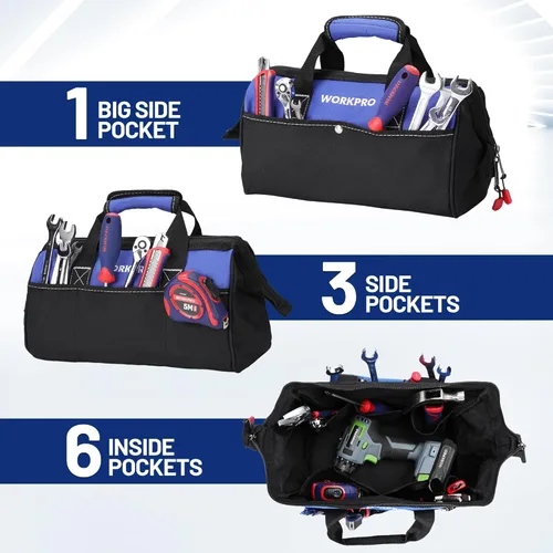 Miniatura 4 de WORKPRO Bolsa de herramientas de 13 pulgadas de boca ancha, bolsa de herramientas portátil con bolsillos interiores para almacenamiento de Azul