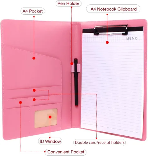Miniatura 4 de Carpeta portapapeles rosa con bolígrafo – Geila PU cuero curriculum vitae cartera – Organizador de documentos de entrevista/legal y carpeta