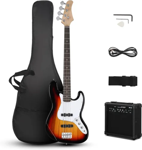 Miniatura 8 de Ktaxon Bajo eléctrico con amplificador de 20 W, kit de bajo eléctrico de 4 cuerdas para diestros para principiantes y profesionales con bolsa, Negro