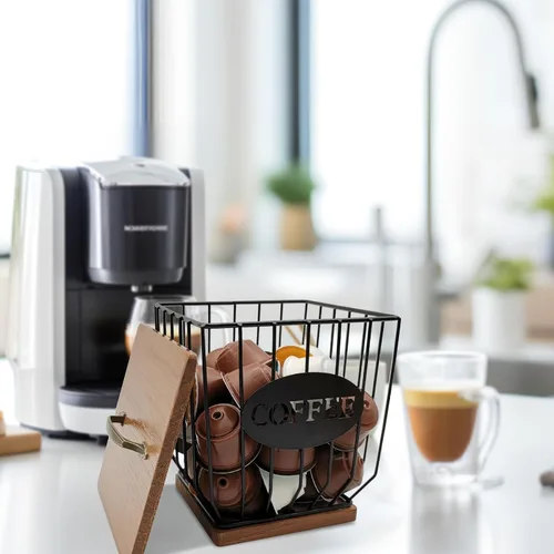 Miniatura 5 de Soporte cuadrado para cápsulas de café con tapa y base de madera, cesta de almacenamiento de cápsulas de café de alambre de gran capacidad