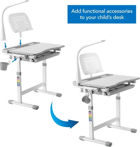 Miniatura 3 de Mount-It! Kit de accesorios para escritorio de niños de altura ajustable Incluye lámpara LED, estante para libros y portalápices, color gris