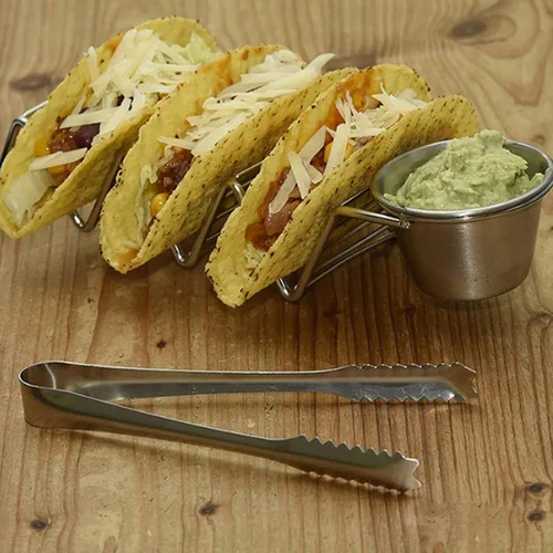 Miniatura 2 de TOPINCN Soporte para tacos de acero inoxidable, 3 rejillas en forma de V, bandeja para tacos con taza de salsa, bandeja de metal para servir maíz