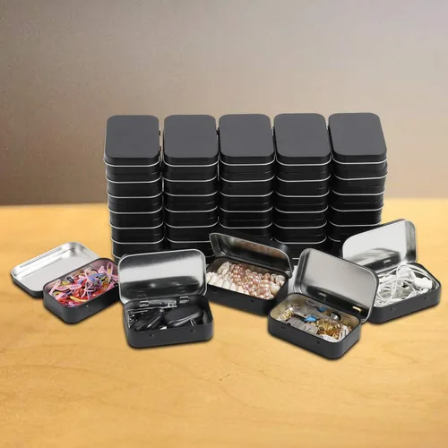 Miniatura 6 de Tamicy Latas rectangulares de metal con bisagras, paquete de 40 mini cajas portátiles de color negro mate, latas pequeñas de almacenamiento vacías