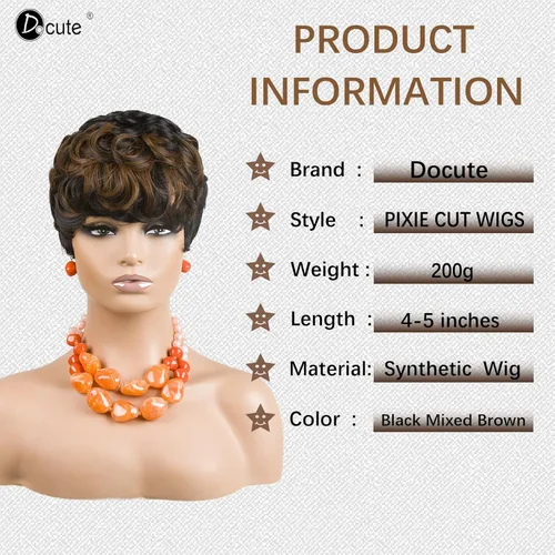 Miniatura 2 de DOcute Pelucas cortas de corte Pixie para mujeres negras, peluca Pixie negra y marrón, pelucas cortas rizadas con flequillo, peluca corta