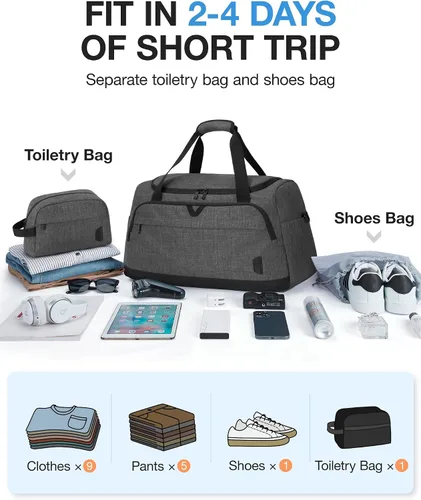 Miniatura 5 de Bolsa de lona para viajes, bolsa de viaje BAGSMART de fin de semana, bolsa de viaje con bolsa de aseo personal, bolsa de zapatos, Gris oscuro, Viajes