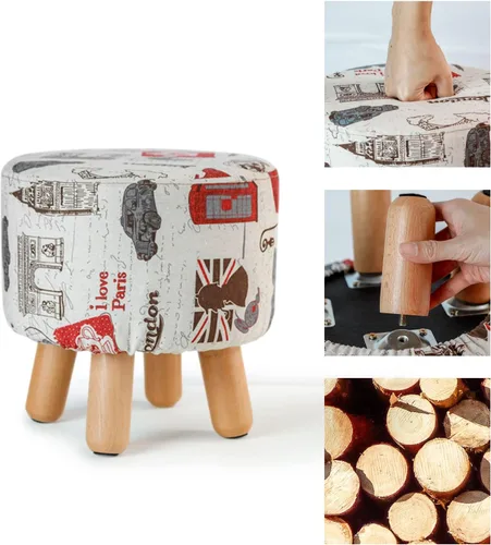 Miniatura 6 de H&B Luxuries Taburete otomano acolchado redondo de tela (4 patas, beige vintage)