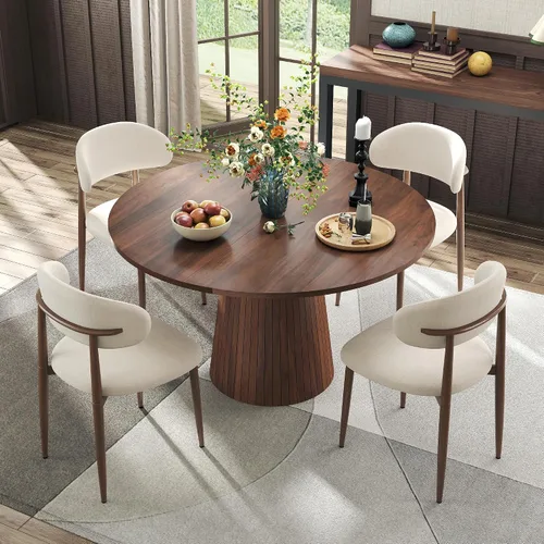 Miniatura 3 de Juego de mesa de comedor redonda de granja para 4, 47 pulgadas, mesa de cocina con mesa y base de MDF, sillas tapizadas de tela beige con patas