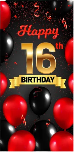 Miniatura 8 de Cartel de feliz cumpleaños 15 cumpleaños rojo y negro telón de fondo para cabina de fotos, globos de vítores a 15 años de edad, decoración temática