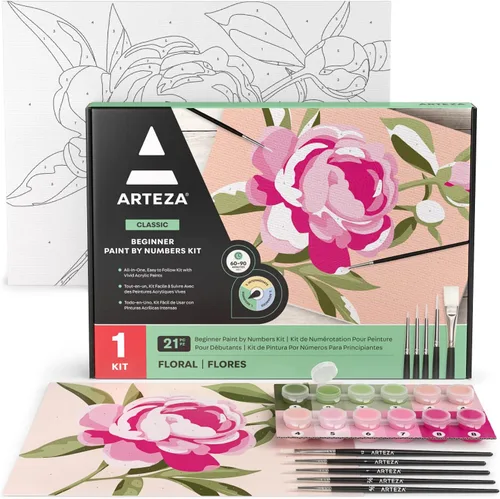 Miniatura 12 de ARTEZA Pintura por números para adultos, 12 x 16 pulgadas, 21 piezas, kit de pintura de flores de hortensias por números, 1 panel de lienzo, 12