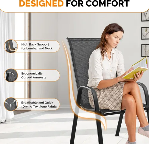 Miniatura 5 de VINGLI Juego de 2 sillas de patio – Sillas de comedor apilables para exteriores con cómodas sillas de respaldo alto y reposabrazos para césped