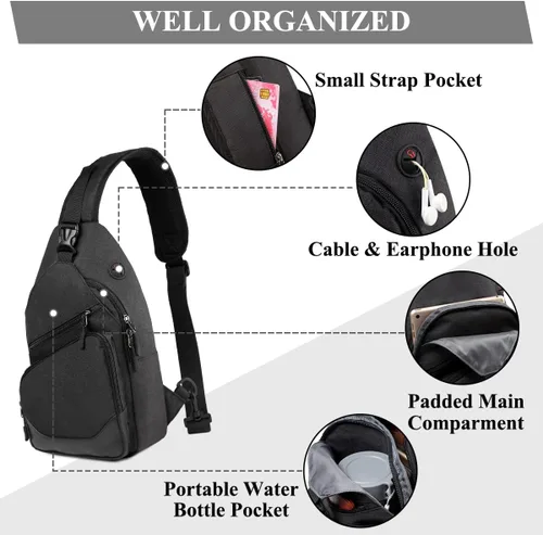 Miniatura 4 de VASCHY Bolso bandolera para hombres y mujeres, una correa sobre el hombro, mochila cruzada para el pecho, para senderismo, viajes, exteriores Negro
