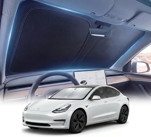 DMJN Parasol para parabrisas delantero para Tesla nuevo modelo Y, Y y 3 (2017-2026), [revestimientos de cristal de hielo nano] UPF50+ bloqueo de
