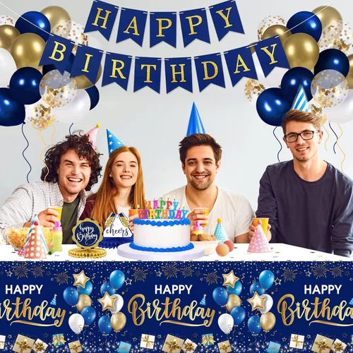 Miniatura 6 de DUAIAI Decoraciones de feliz cumpleaños, 3 manteles de cumpleaños azul marino y dorado para niños, niñas, hombres y mujeres, funda de mesa