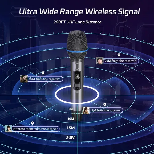Miniatura 4 de JAUYXIAN Micrófonos inalámbricos U60, sistema de micrófono dual UHF con receptor recargable, micrófono de karaoke de metal para cantar, boda, DJ