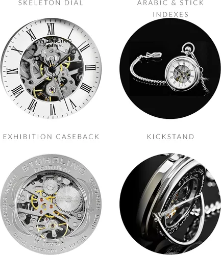Miniatura 6 de Stuhrling Original Reloj de bolsillo para hombre de acero inoxidable analógico esqueleto reloj mano viento mecánico movimiento mecánico cadena