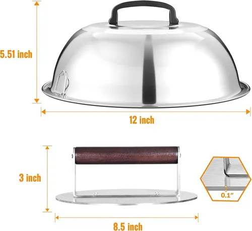 Miniatura 6 de HULISEN Juego de Prensa para Hamburguesas y Cúpula Derretidora de Servicio Pesado, Prensa de Tocino Redonda de Acero Inoxidable de 8.5 Pulgadas