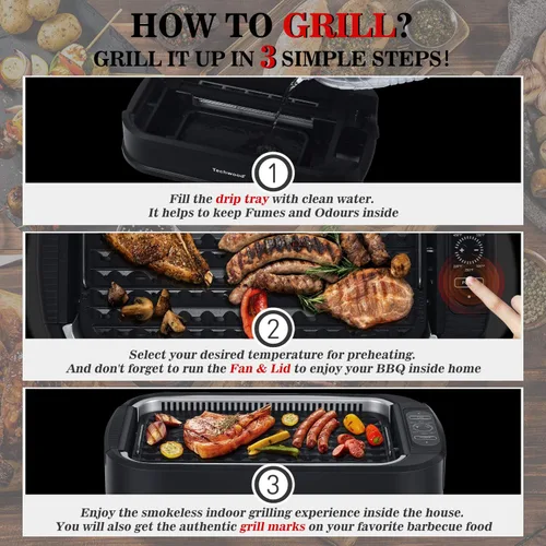 Miniatura 4 de Parrilla para interiores, Techwood 1500W sin humo con tapa de vidrio templado, parrilla eléctrica compacta y portátil antiadherente con control de 6