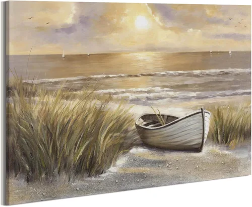 arttitue Lienzo decorativo para pared de playa: baño, puesta de sol costera, paisaje, océano, mar, escena, obra de arte, paisaje marino, barco,