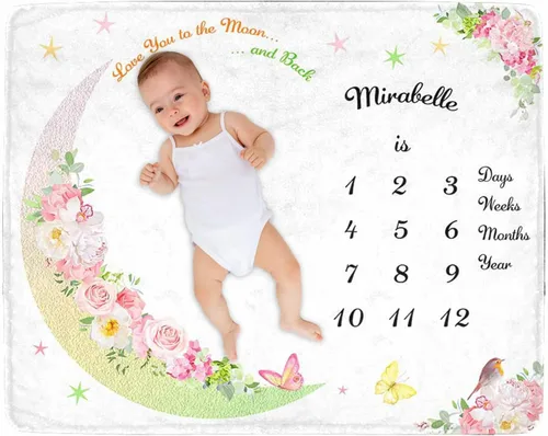 Miniatura 31 de Manta de hito para bebé personalizada con nombre, manta personalizada de flores en forma de mariposa con tabla de crecimiento calendario, manta