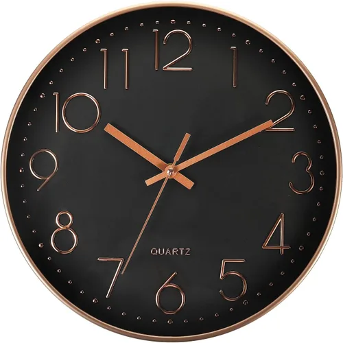 PATIKIL Reloj de pared de 12 pulgadas, funciona con pilas, silencioso, sin tictac, para decoración de oficina, dormitorio, color negro y dorado