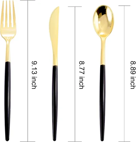 Miniatura 2 de I00000 Juego de 60 cubiertos dorados con mango negro, cubiertos de plástico negro resistente, incluye 20 tenedores, 20 cuchillos, 20 cucharas, juego