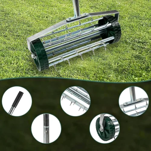 Miniatura 8 de Aireador de césped rodante resistente de 16 pulgadas con picos afilados y mango antideslizante, aireador de empuje para jardín, patio, herramienta