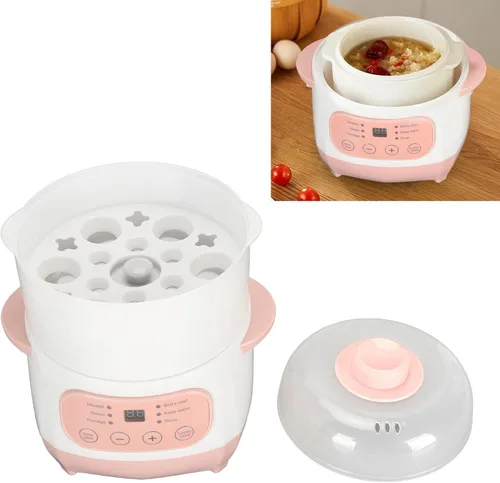 Miniatura 8 de Olla eléctrica para estofado, 1 litro, 200 W, temporizador de citas, olla de cocción lenta inteligente con vaporizador y hervir seco, mini olla