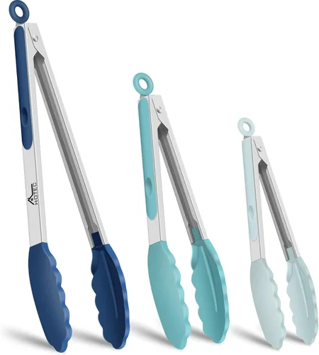 Miniatura 14 de HOTEC Pinzas de Cocina Premium de Acero Inoxidable con Bloqueo con Puntas de Silicona, Juego de 2-9" y 12" Gris Claro Paquete de 2: gris claro