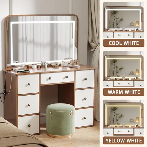 Miniatura 2 de wanan Escritorio de maquillaje con espejo y luces, mesa de tocador de madera con toma de corriente, escritorio de maquillaje con 7 cajones, tocador