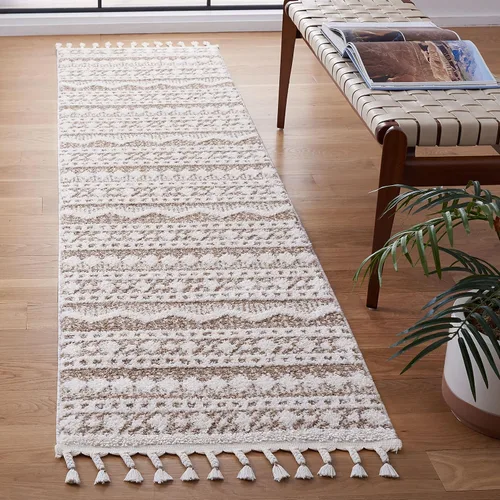 SAFAVIEH Tapete grueso marroquí con borlas, 2 pies 2 pulgadas x 9 pies, color marfil y beige, no desprende pelusa y de fácil cuidado, 0.75 pulgadas
