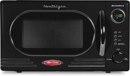 Nostalgia Retro - Horno de microondas de encimera, 1.1 pies cúbicos y 1000 vatios de potencia, fácil de limpiar con plato giratorio de vidrio Negro