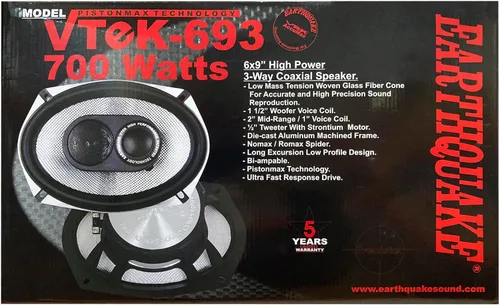 Miniatura 10 de Earthquake Sound VTEK-693 - Altavoces coaxiales de 3 vías de 700 W 6x9 pulgadas con tecnología PistonMax (par), color negro, plateado