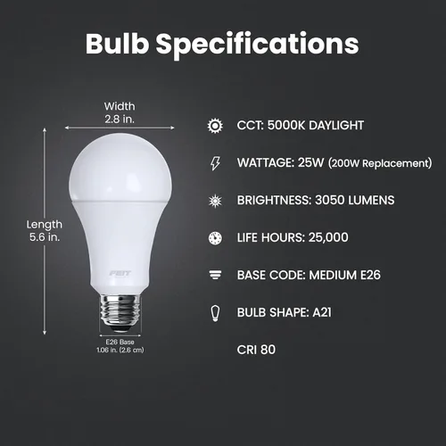 Miniatura 2 de Feit Electric Bombilla LED A21, equivalente a 200 W, no regulable, 3050 lúmenes, base estándar E26, luz diurna de 5000 K, bombilla LED de alto 5000K